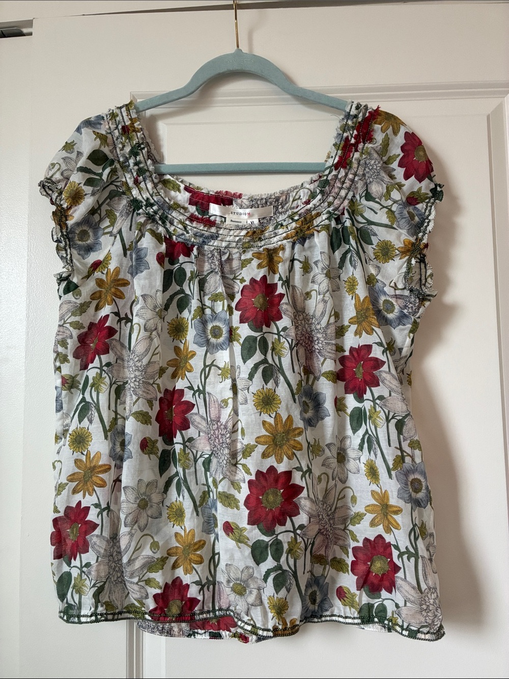 Studio M White Floral Scoop-Neck Top with Red, Yellow & Green Accents.